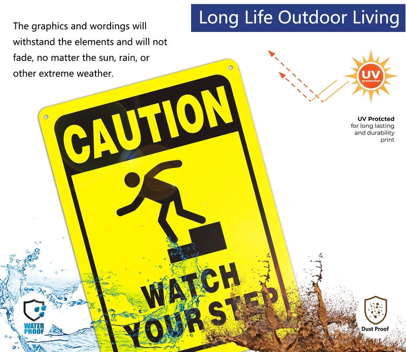 Afuven Caution Watch Your Step Signs 10" x 7" Metal for Stairs Workplace Home Business Safety Wet Floor Caution,Help Prevent Public Areas Indoor Outdoor Falls Sign Rust Free Aluminum Outdoor Use 2 Pack - Image 5